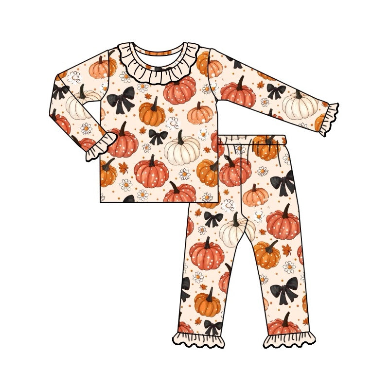 preorder GLP1714 Autumn pumpkin bows flowers long sleeve pants girls pajamas