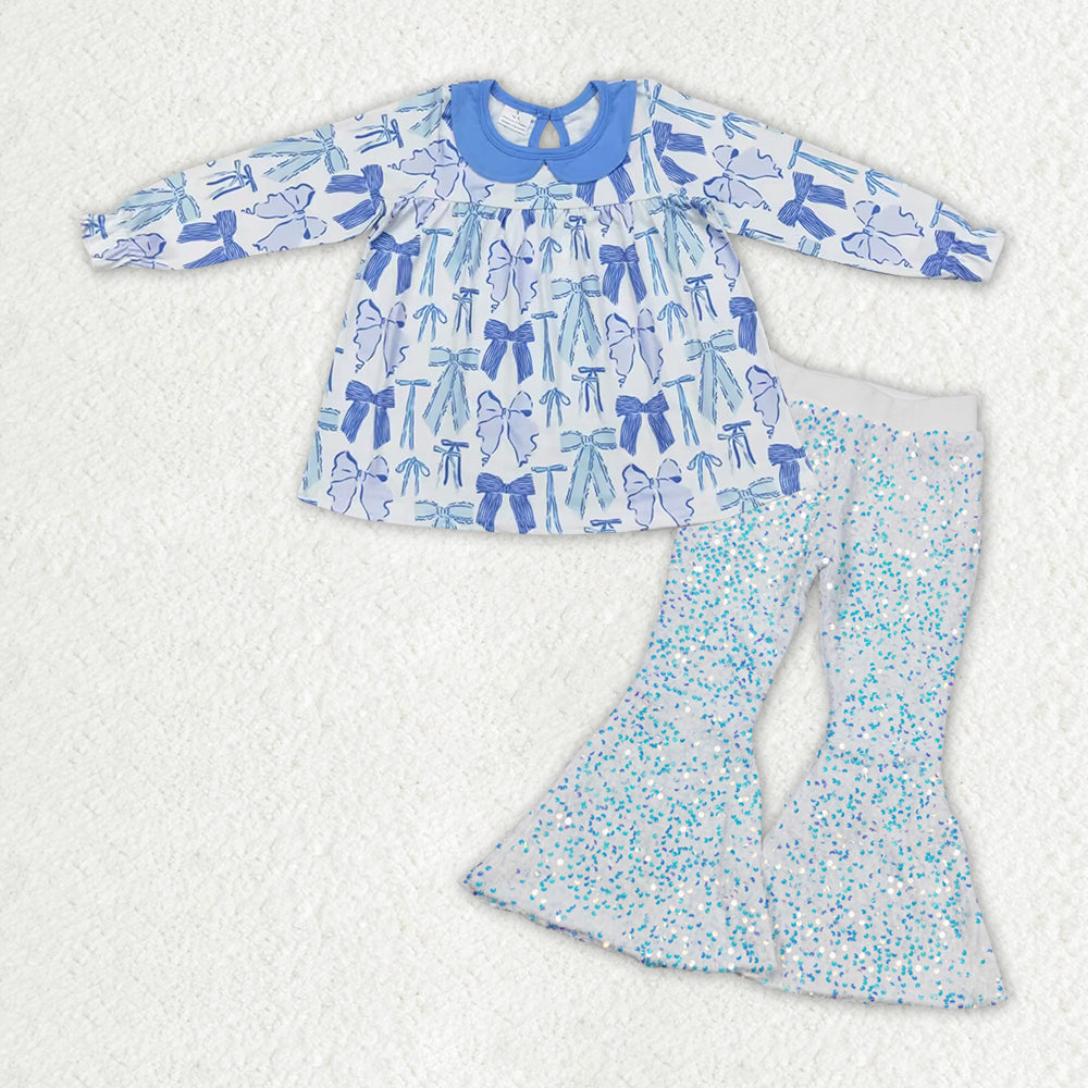 GLP1717 blue bows long sleeve white sequin pants girls set