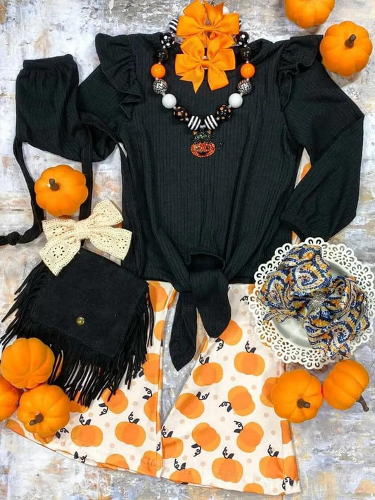 preorder GLP1720 Halloween black long sleeve pumpkin pants girls set