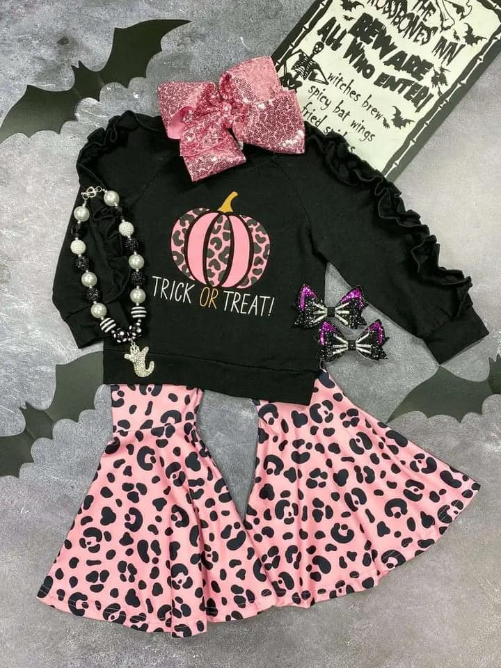 preorder GLP1721 Trick or Treat pumpkin black long sleeve pink leopard pants girls set