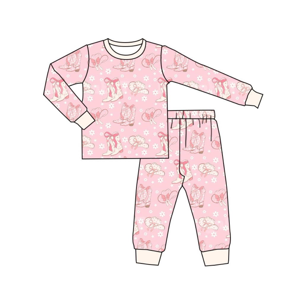 preorder GLP1726 Western boots pink bows long sleeve pants girls set
