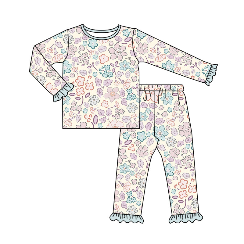 preorder GLP1727 colorful flowers long sleeve pants blue girls set
