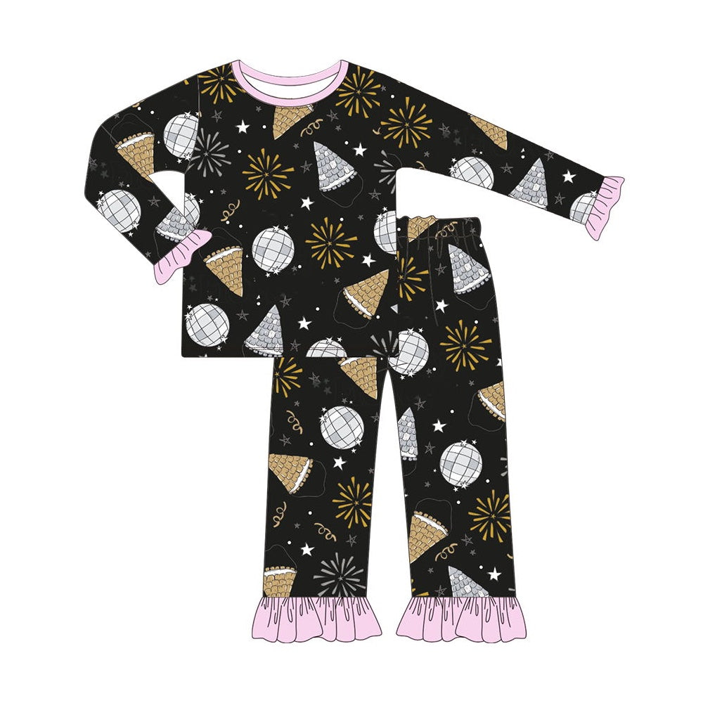 preorder GLP1742 happy new year firework black long sleeve pants girls pajamas
