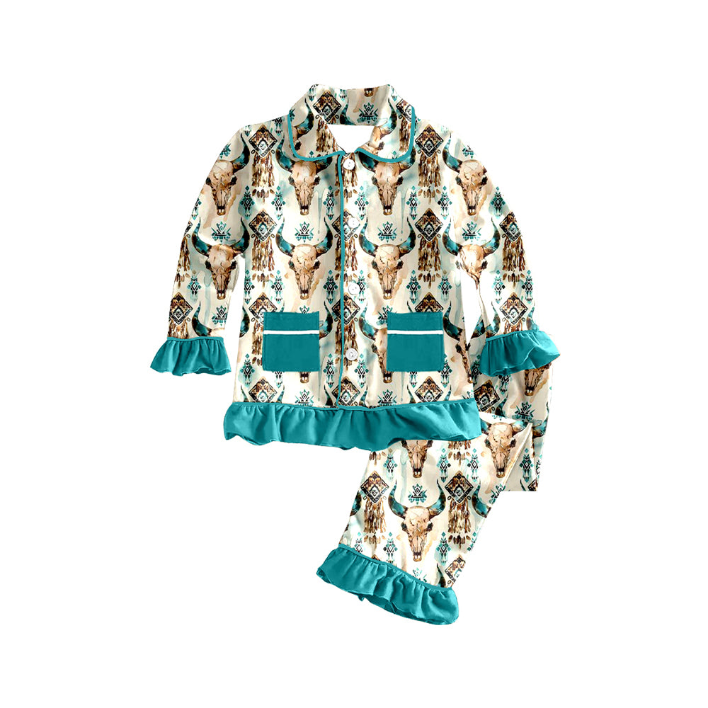 preorder GLP1743 Western cow Aztec pockets long sleeve pants girls pajamas