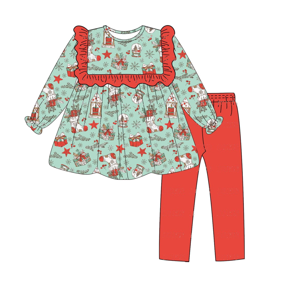 preorder GLP1747 Christmas holly berry green long sleeve red pants girls set