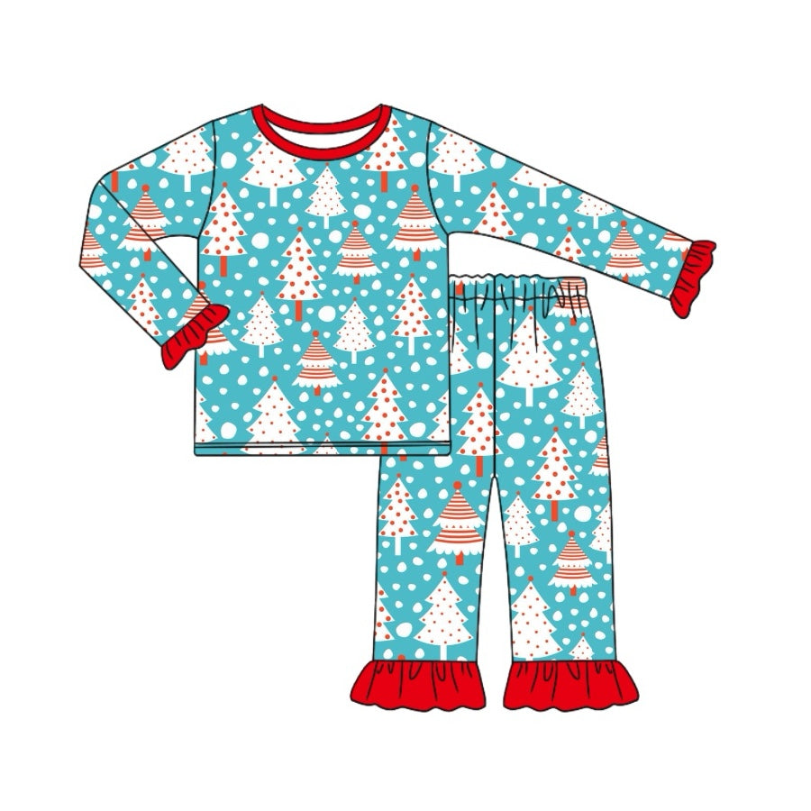 preorder GLP1751 Christmas snow tree blue long sleeve pants girls pajamas