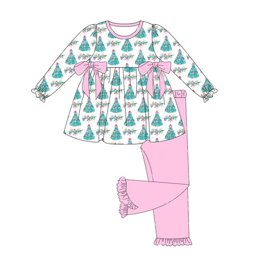preorder GLP1760 Christmas tree flowers long sleeve pink pants girls set