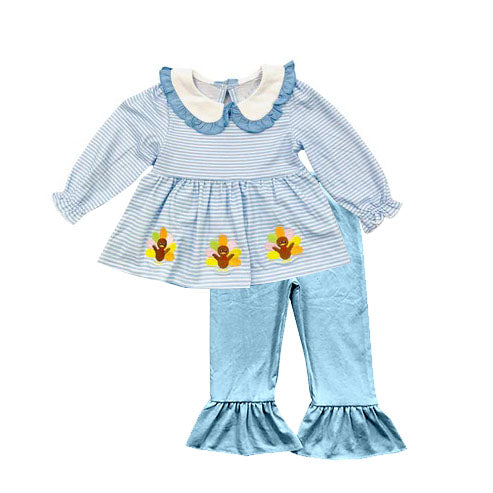 preorder GLP1768 Thanksgiving turkey blue striped long sleeve blue pants girls set