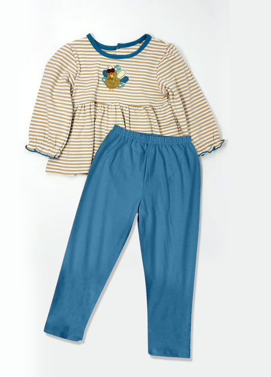 preorder GLP1769 Thanksgiving turkey khaki striped long sleeve blue pants girls set