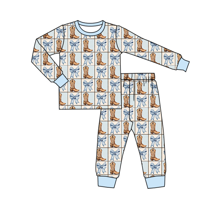 preorder GLP1772 Western boot blue bows long sleeve pants boys pajamas