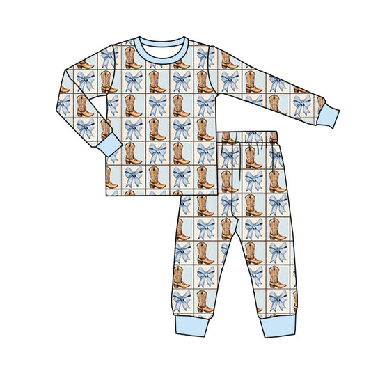 preorder GLP1772 Western boot blue bows long sleeve pants boys pajamas