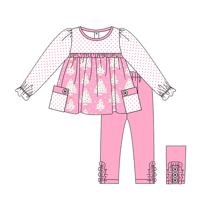 preorder GLP1776 Christmas tree dot long sleeve hot pink pants girls set