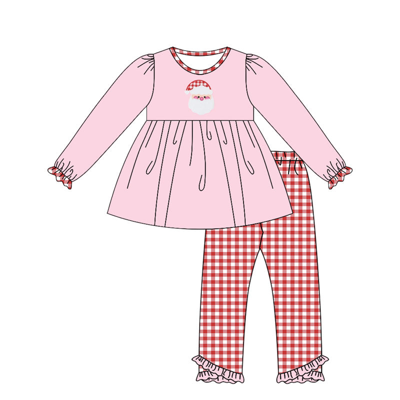 preorder GLP1777 Christmas Santa pink long sleeve red checkered pants girls set