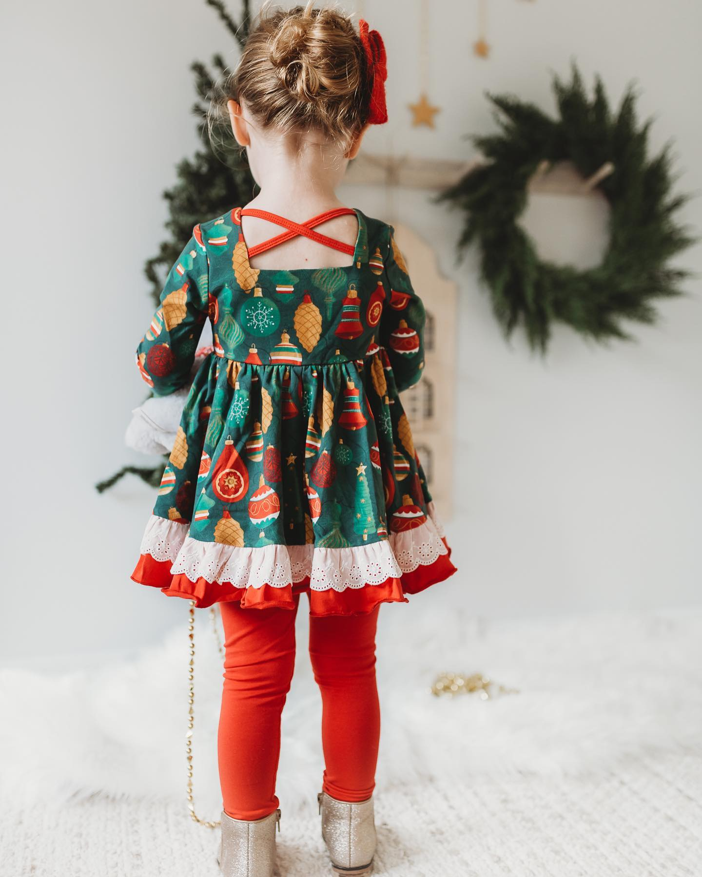 preorder GLP1779 Christmas green pineapple long sleeve red pans girls set