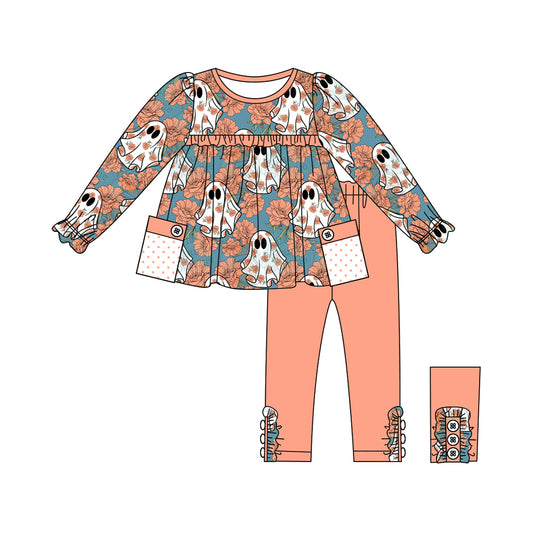 preorder GLP1786 Halloween spooky flowers long sleeve orange pants girls set