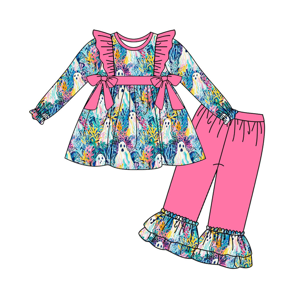 preorder GLP1794 Halloween colorful print spooky long sleeve hot pink pants girls set