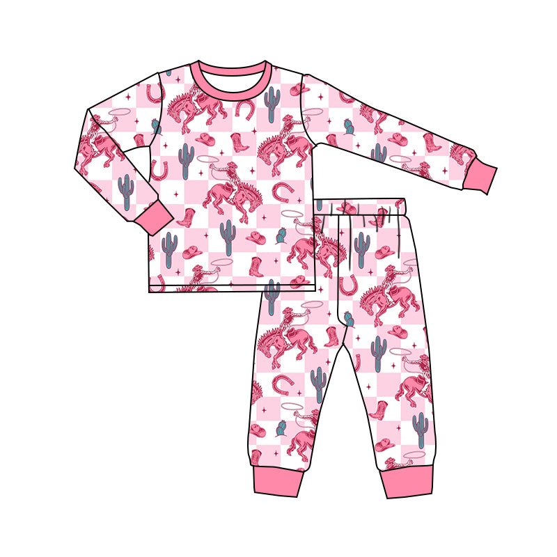 preorder GLP1800 Western rodeo cactus pink checkered long sleeve pants girls pajamas