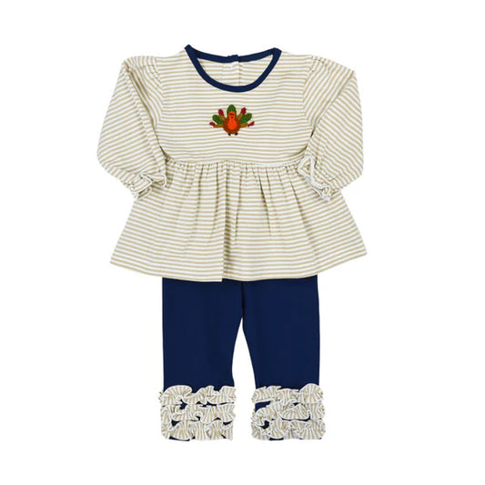 preorder GLP1808 Thanksgiving turkey striped long sleeve navy blue pants girls set