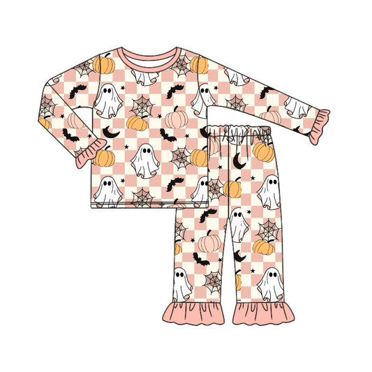 Preorder GLP1812 Halloween spooky pumpkin spider web pink checkered long sleeve pants girls pajamas