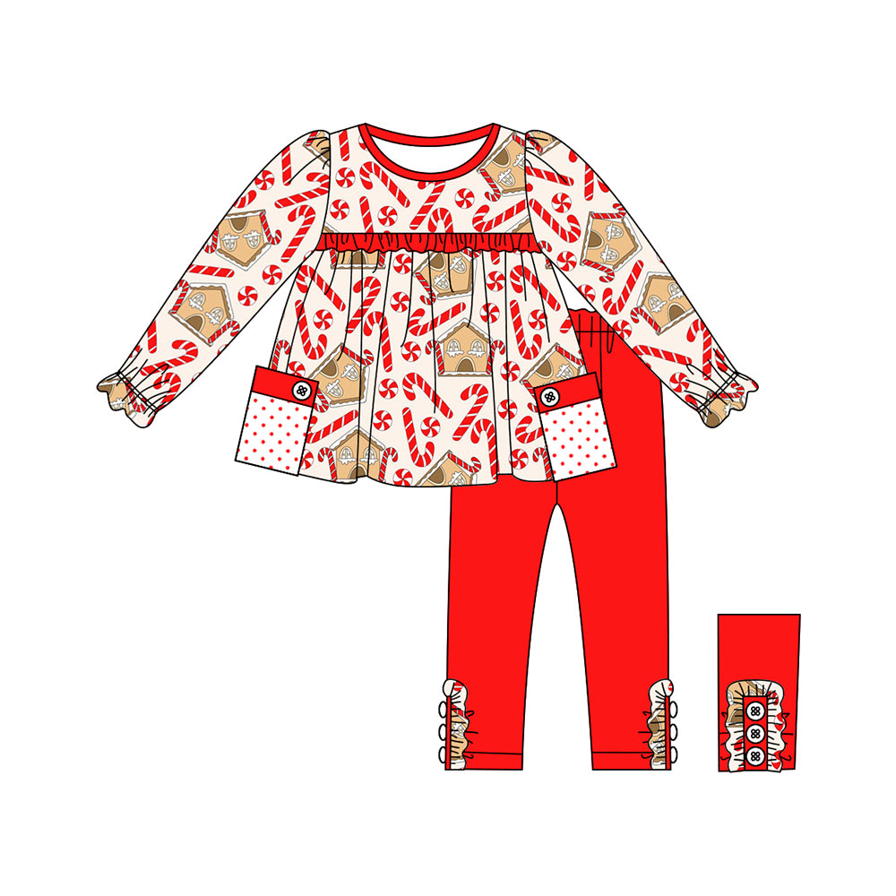 Preorder GLP1819 Christmas cane candy house pockets long sleeve red pants girls set