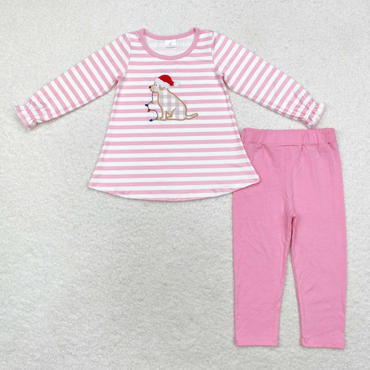 GLP1826 embroidery Christmas dog hat pink striped long sleeve pink pants girls set
