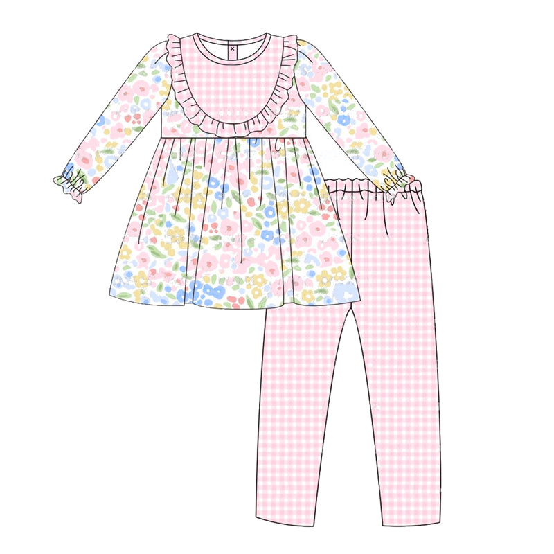 Preorder GLP1835 colorful flowers long sleeve pink checkered pants girls set
