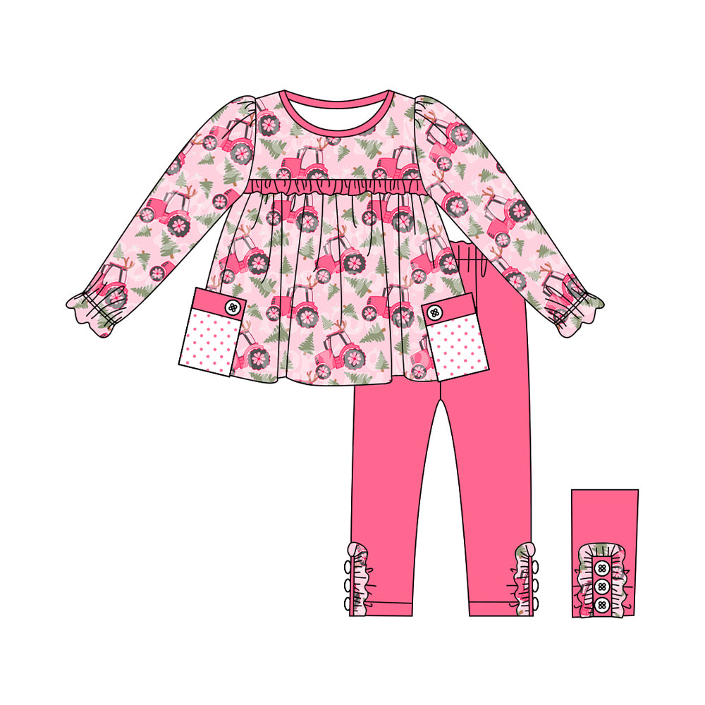 Preorder GLP1838 Christmas tree deer car pink long sleeve hot pink pants girls set