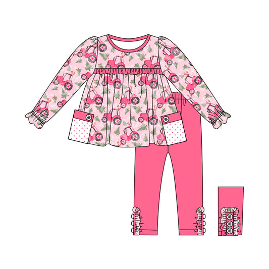 Preorder GLP1838 Christmas tree deer car pink long sleeve hot pink pants girls set