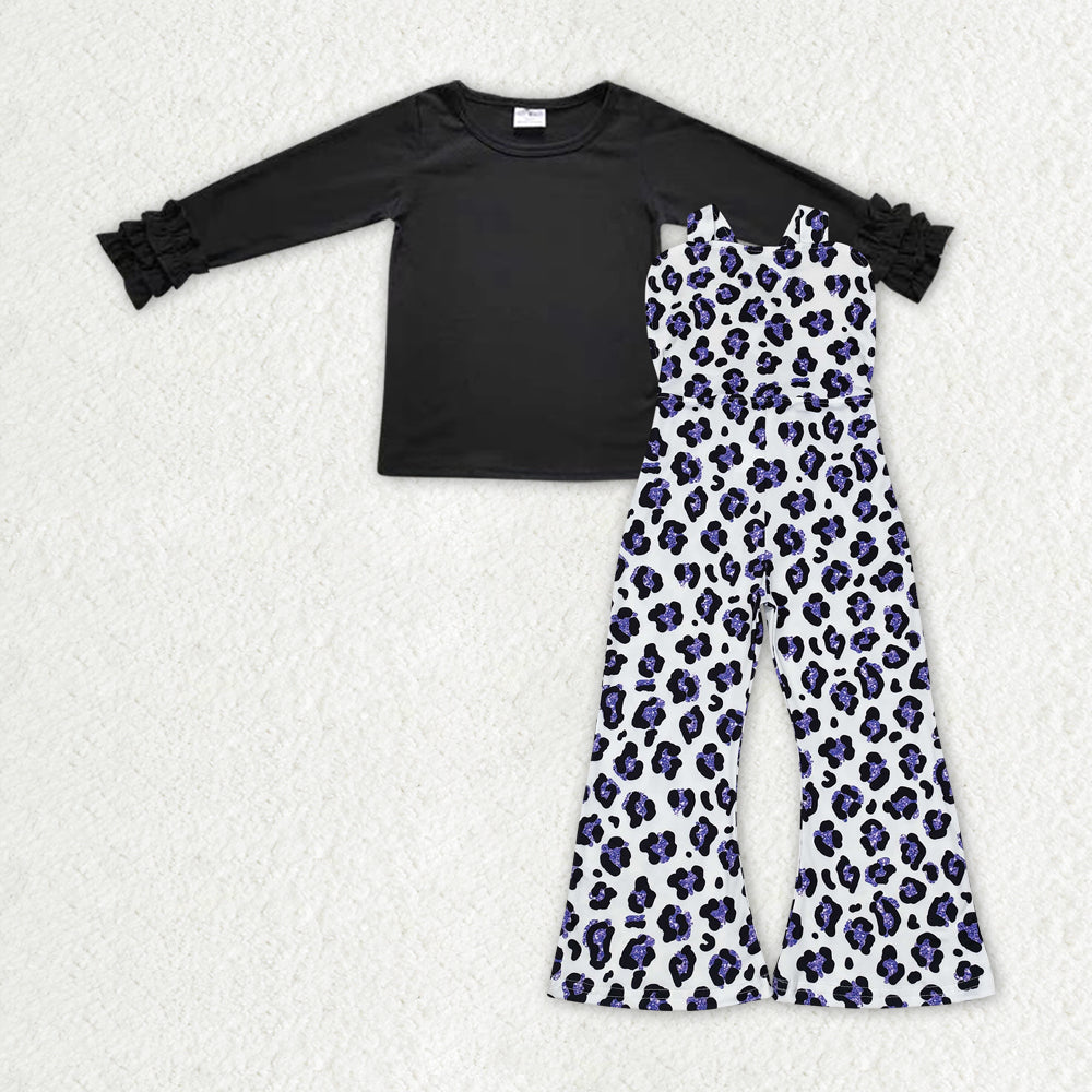 GLP1847 black long sleeve blue leopoard jumpsuits girls set