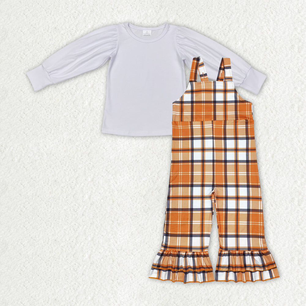 GLP1849 white long sleeve orange checkered jumpsuits girls set