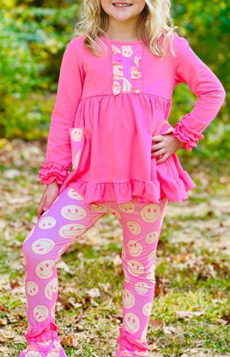 Preorder GLP1872 hot pink long sleeve smile pink pants girls set