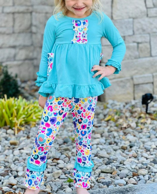 Preorder GLP1873 blue long sleeve colorful leopard pants girls set