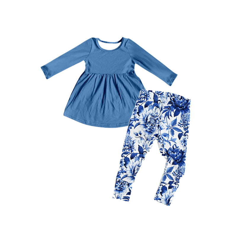 Preorder GLP1885 blue long sleeve blue flowers pants girls set