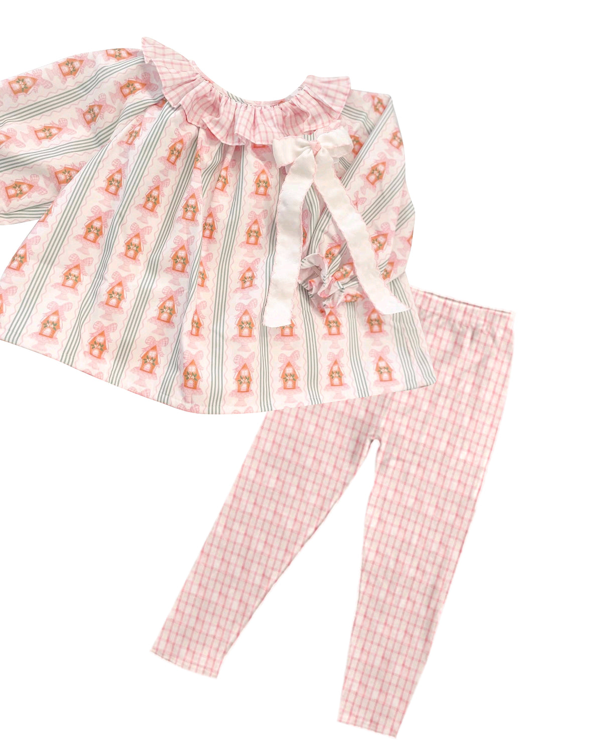 preorder GLP1924 Christmas pink bows gingerbread house long sleeve pants girls set