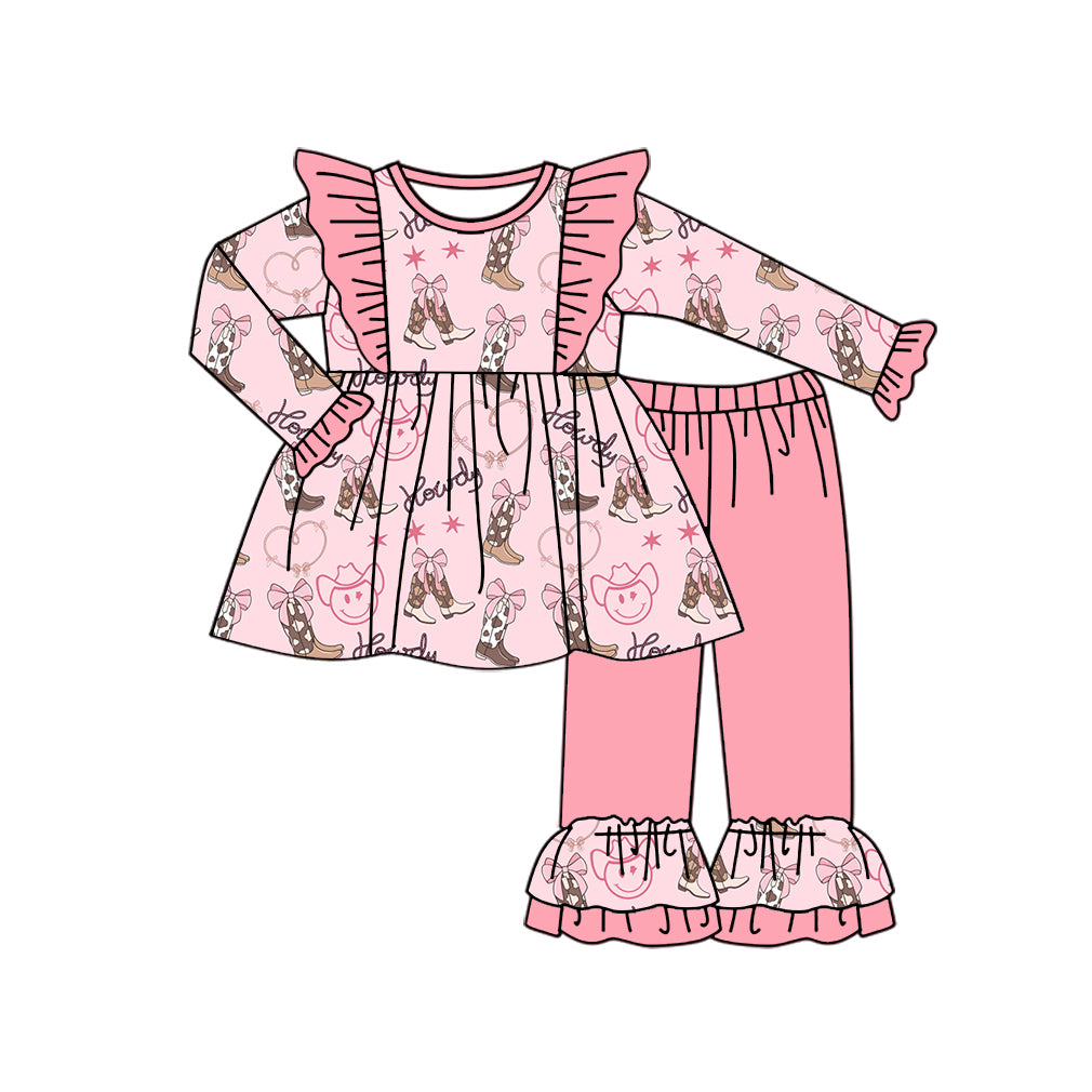 preorder GLP1931 Western smile boot bows pink long sleeve pink pants girls set