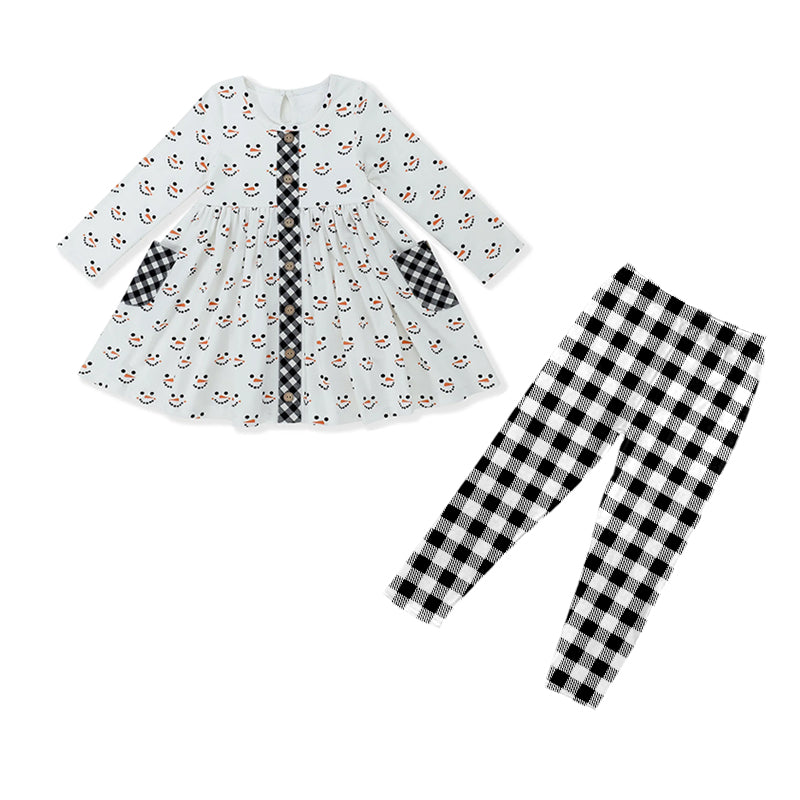preorder GLP1950 Christmas snowman pockets long sleeve black checkered pants girls set