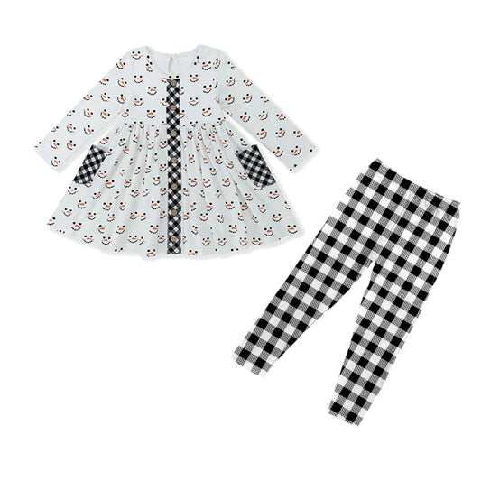 preorder GLP1950 Christmas snowman pockets long sleeve black checkered pants girls set