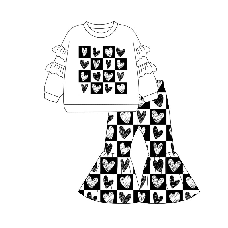 preorder GLP1955  Valentine Day black heart long sleeve black checkered heart pants girls set