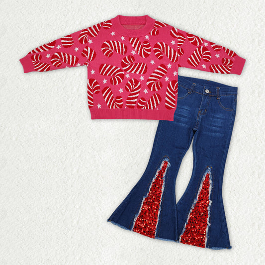 GLP1959 Christmas cane candy red long sleeve red sequin jeans girls set