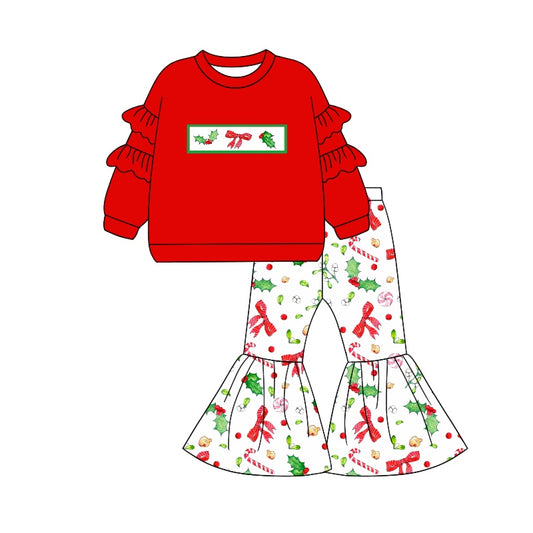 preorder GLP1961 Christmas bows holly berry red long sleeve pants girls set