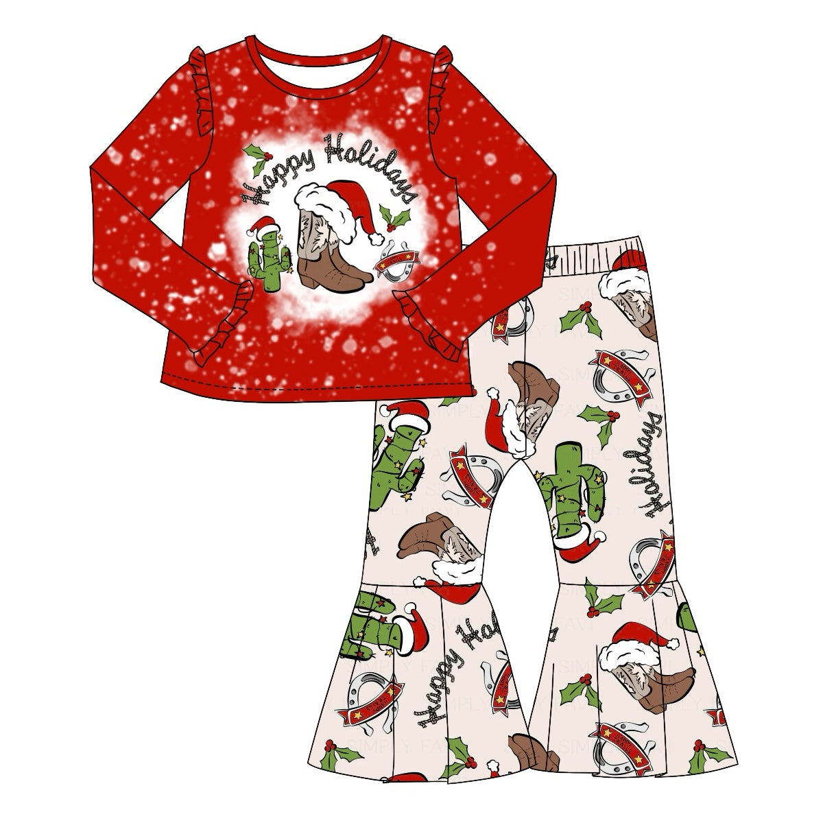 preorder GLP1988 Western Christmas happy holiday red long sleeve cactus boot pants girls set