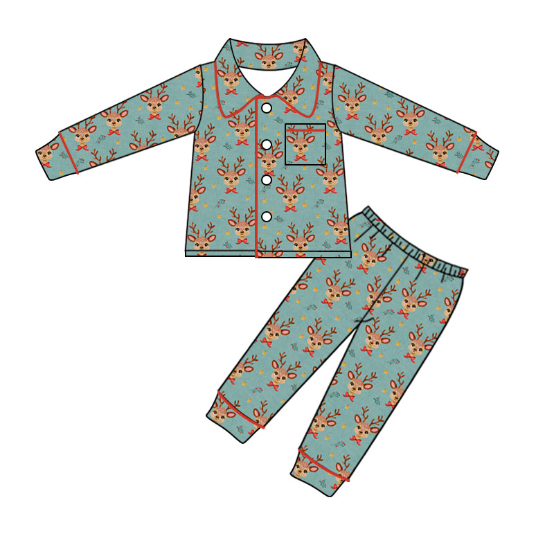 preorder GLP1997 Christmas cartoon deer blue long sleeve pants girls pajamas