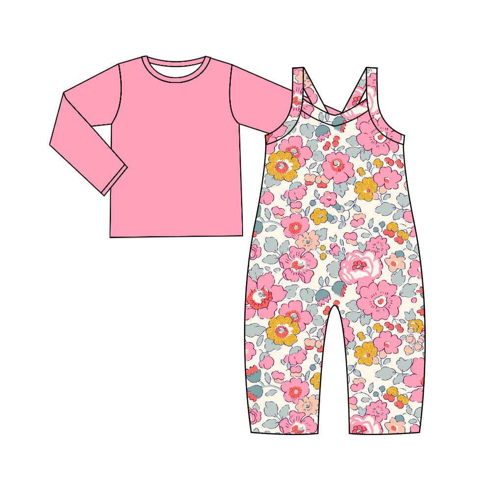 preorder GLP2008 hot pink long sleeve hot pink flowers sleeveless jumpsuits girls set