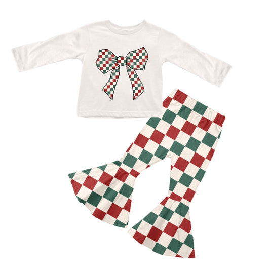 preorder GLP2019 Christmas green red checkered bow long sleeve pants girls set