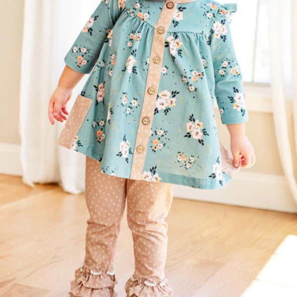 preorder GLP2022 cute flowers blue long sleeve khaki dot pants girls set