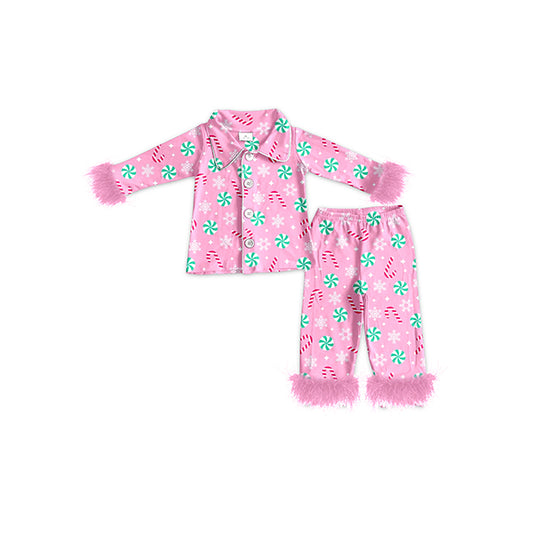 preorder GLP2025 Christmas cane candy hot pink long sleeve pants girls fluffy pajamas