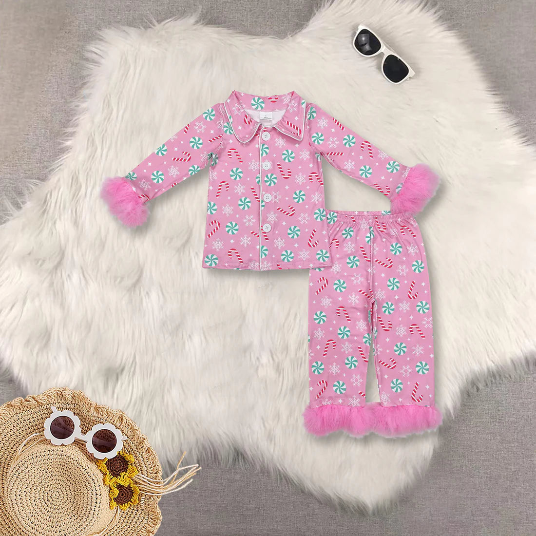 Christmas colorful fur girls pajamas RTS sibling clothes