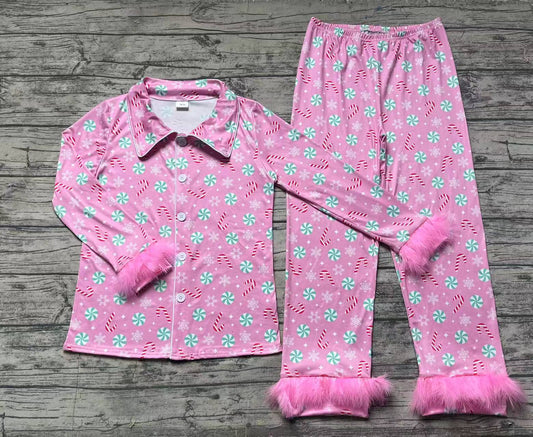 preorder GLP2028 Christmas cane candy flowers hot pink long sleeve pants adult women fluffy pajamas