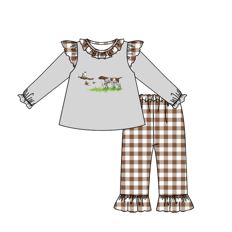 Preorder GLP2048 hunting mallard duck dog grey long sleeve brown checkered pants girls set