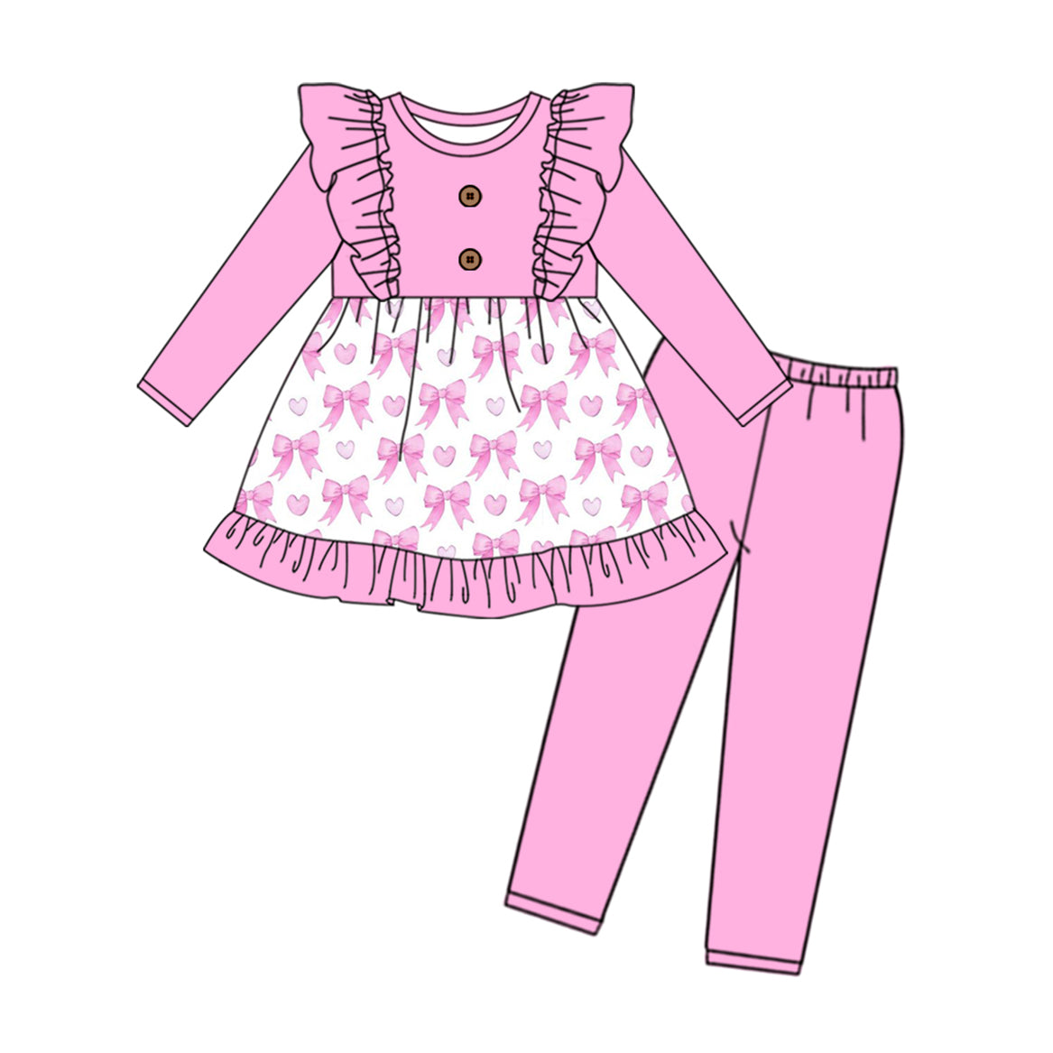 Preorder GLP2050 hot pink bows heart ruffles long sleeve pants girls set